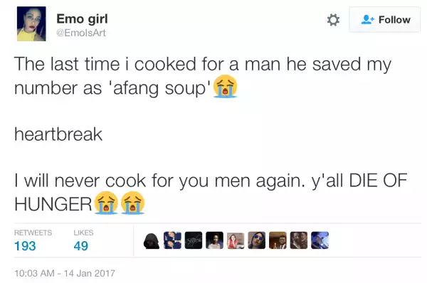 Nigerian lady rants after man saved her number as Afang soup